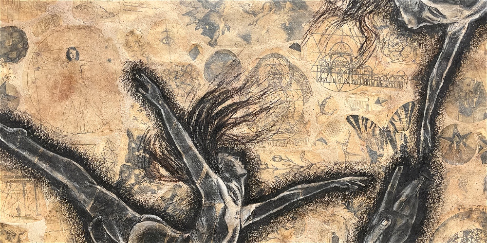 Evolve Love exhibition artwork featuring expressive figures and sacred geometry in charcoal and warm gold tones.
